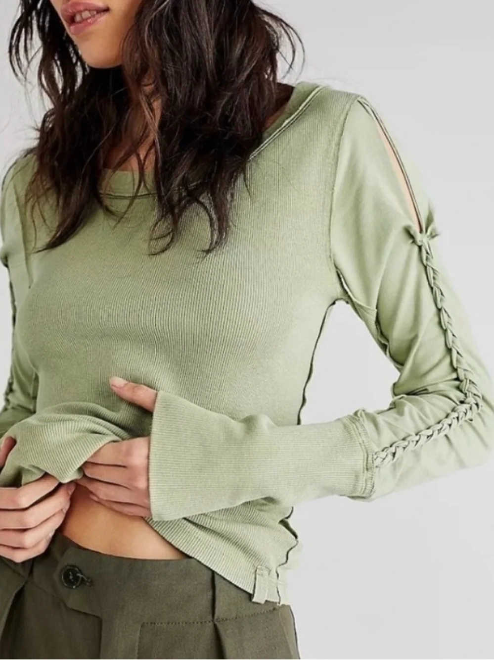 Free People Green Tea Leaves Daisy Chain Cuff Shirt